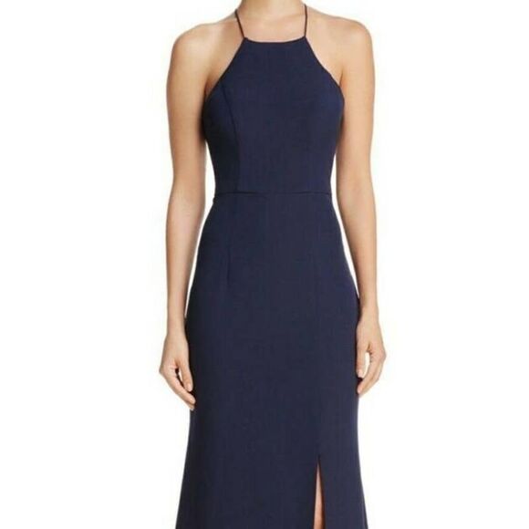 Bariano Navy Blue High-Neck Cross-Back Gown - Picture 2 of 10